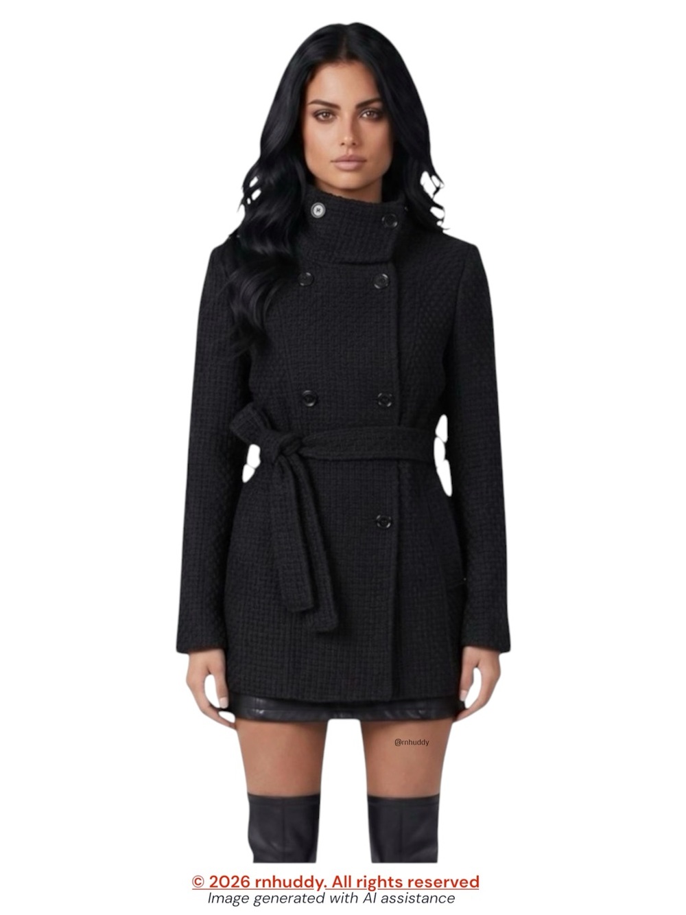 Calvin Klein size 2 black textured wool blend belted peacoat
